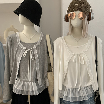 欧玛莱 木耳边拼接假两件长袖T恤女春季韩系修身圆领上衣批发6515