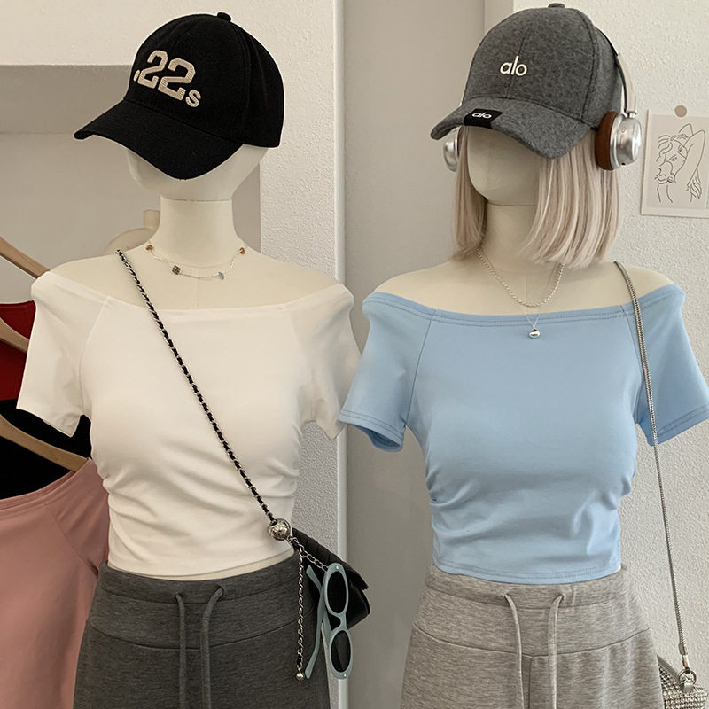 欧玛莱 一字肩短袖T恤女2026春夏季带胸垫纯色修身显瘦上衣潮6827