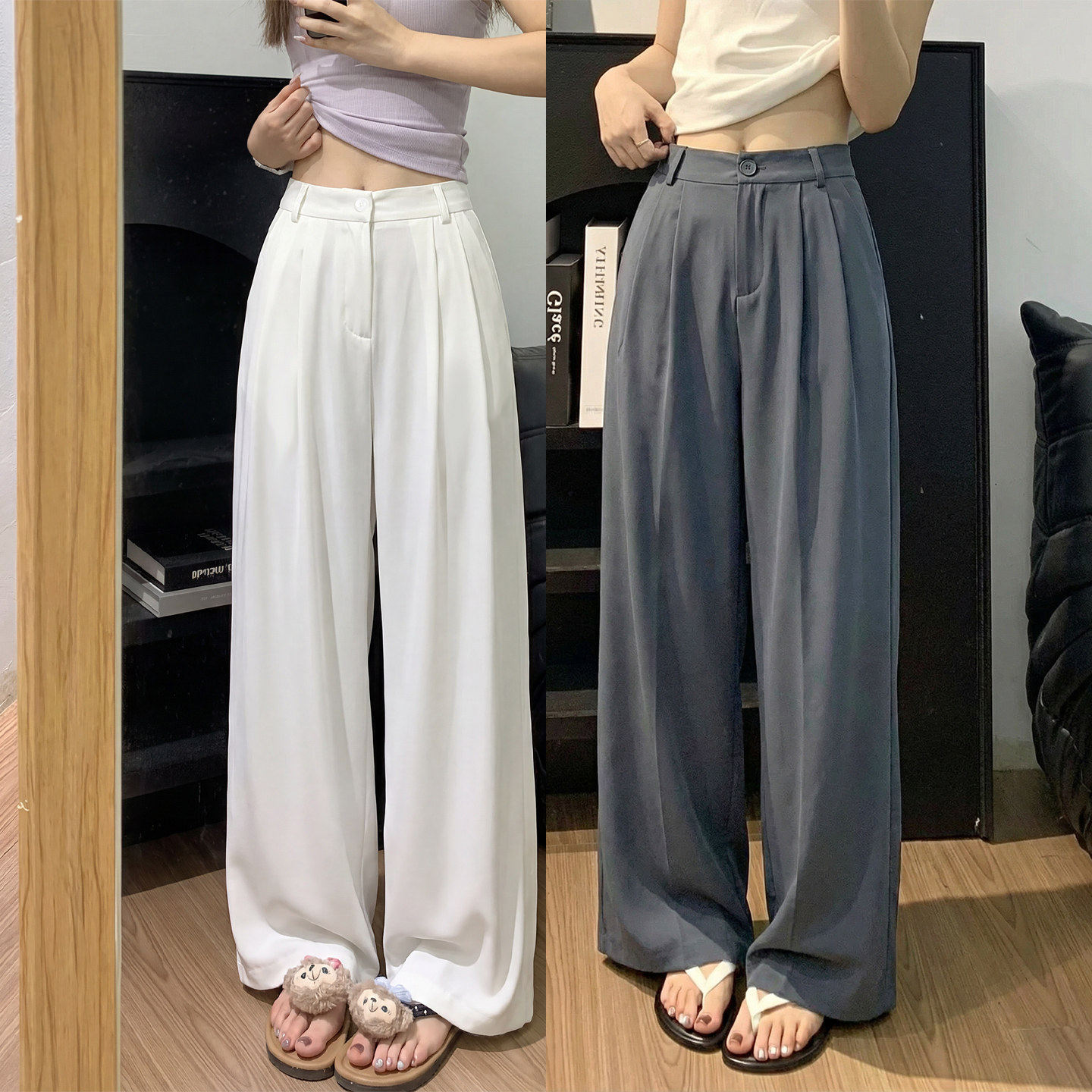 白色西装裤女夏季薄款高级感垂感直筒宽松大码胖mm灰色雪纺阔腿裤