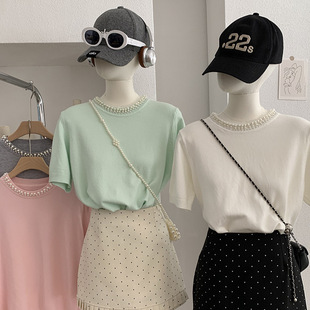 欧玛莱 重工钉珠短袖针织衫上衣女春季新款圆领纯色套头毛衣 6553