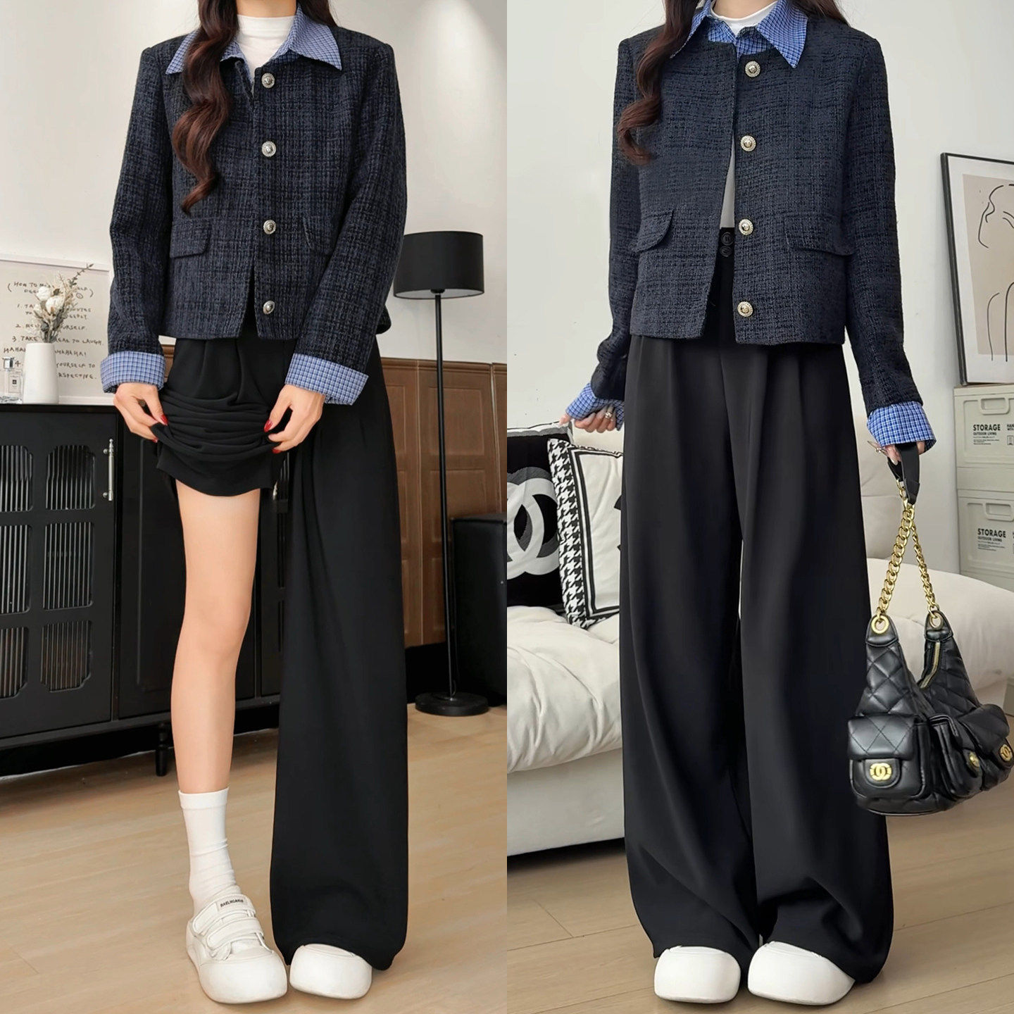 黑色西装裤女春秋季高级感2026垂坠感直筒宽松大码胖mm显瘦阔腿裤