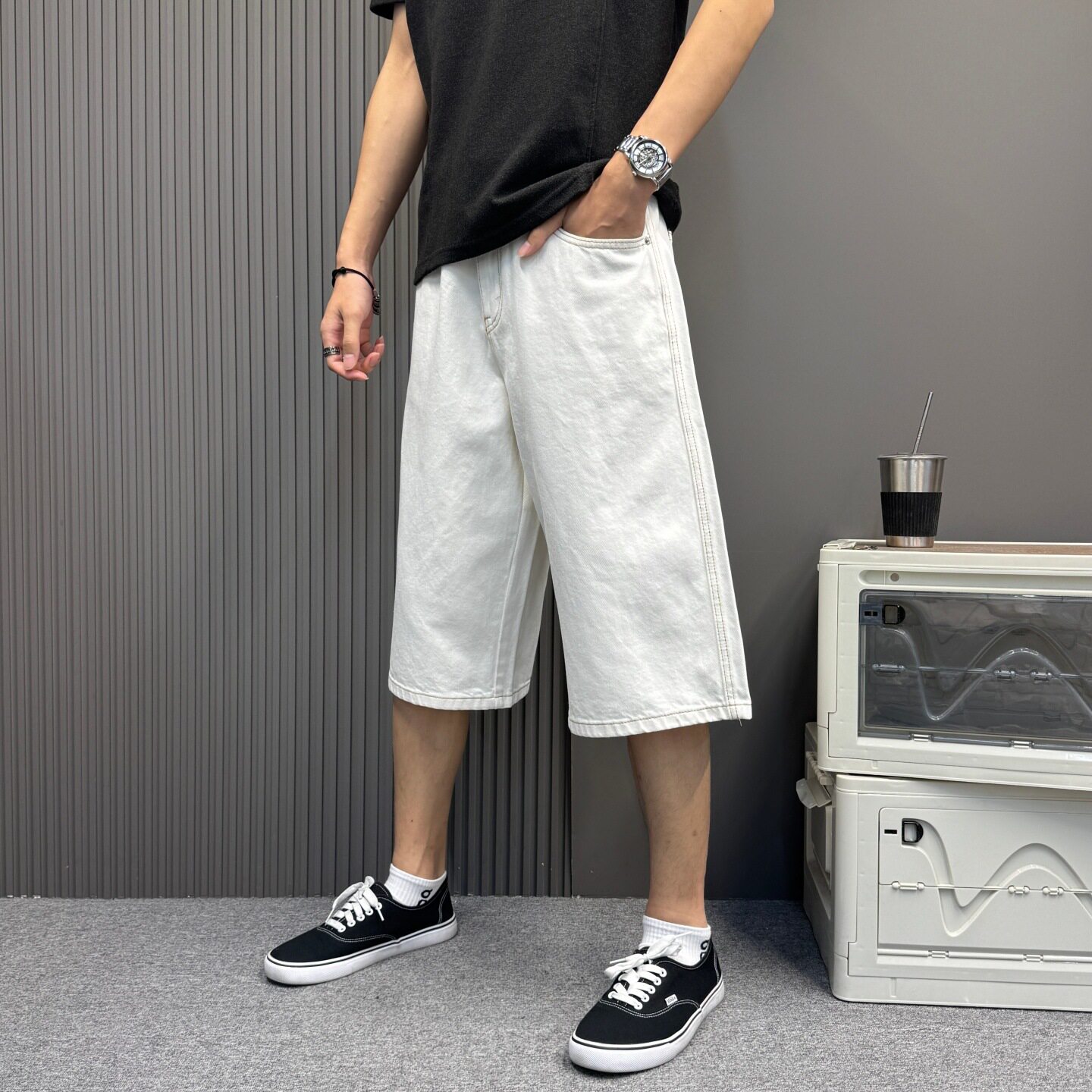 男装白色牛仔裤夏季直筒纯棉质男女同款时尚休闲宽松牛仔七分短裤