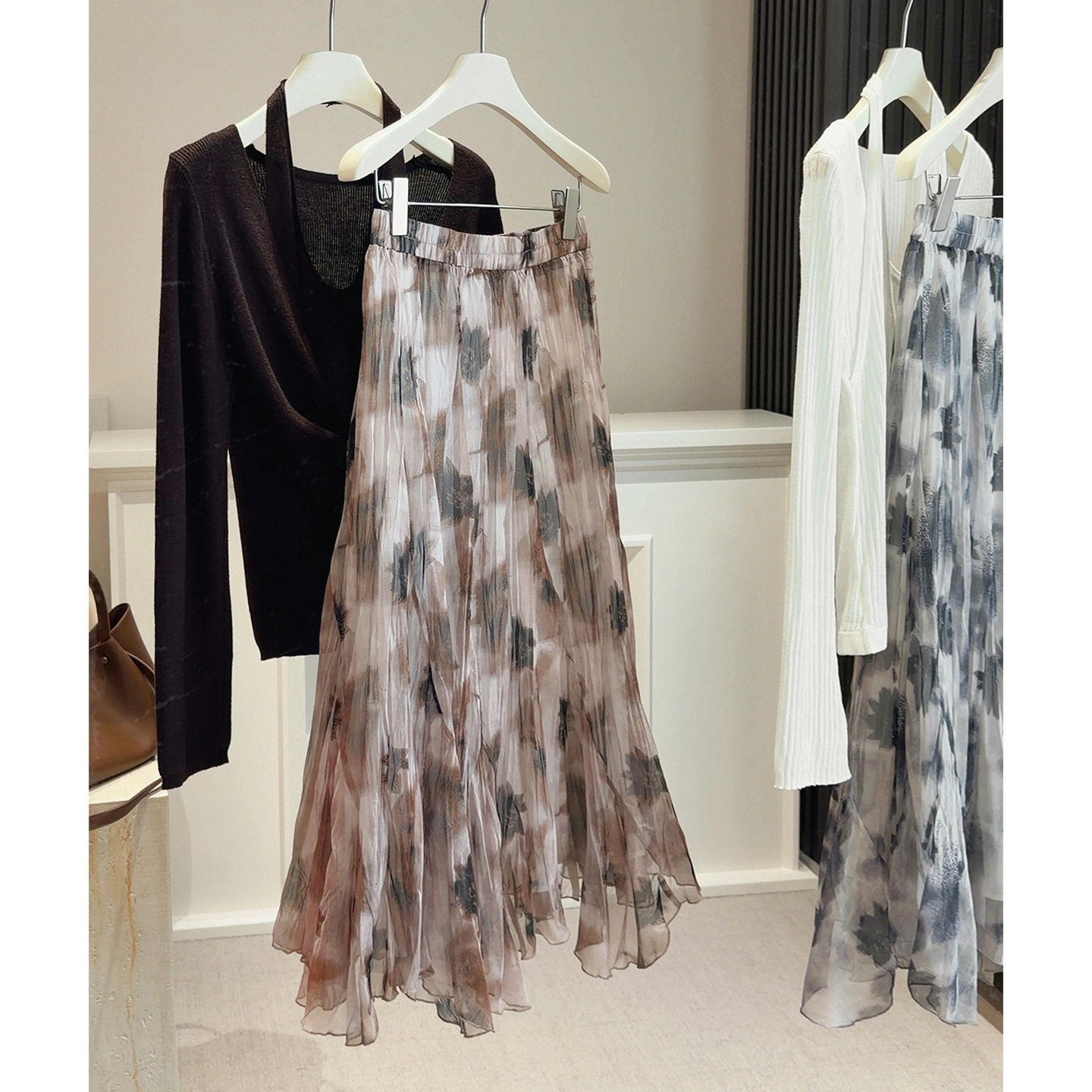 气质扎染水墨印花网纱半身裙女薄款夏季新款不规则下摆大摆长裙子