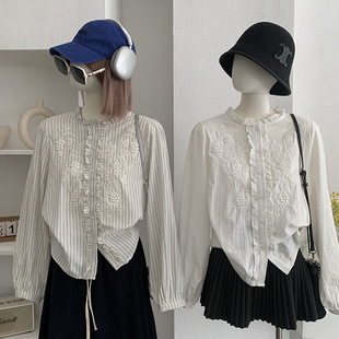 上衣温柔风女 刺绣花朵叠穿衬衫 6022 立领木耳边单排扣长袖 欧玛莱