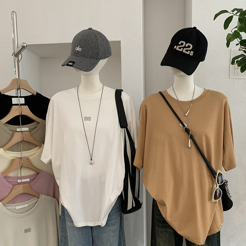 欧玛莱 胸前铁片装饰圆领宽松短袖中长款T恤女春夏季休闲上衣6823