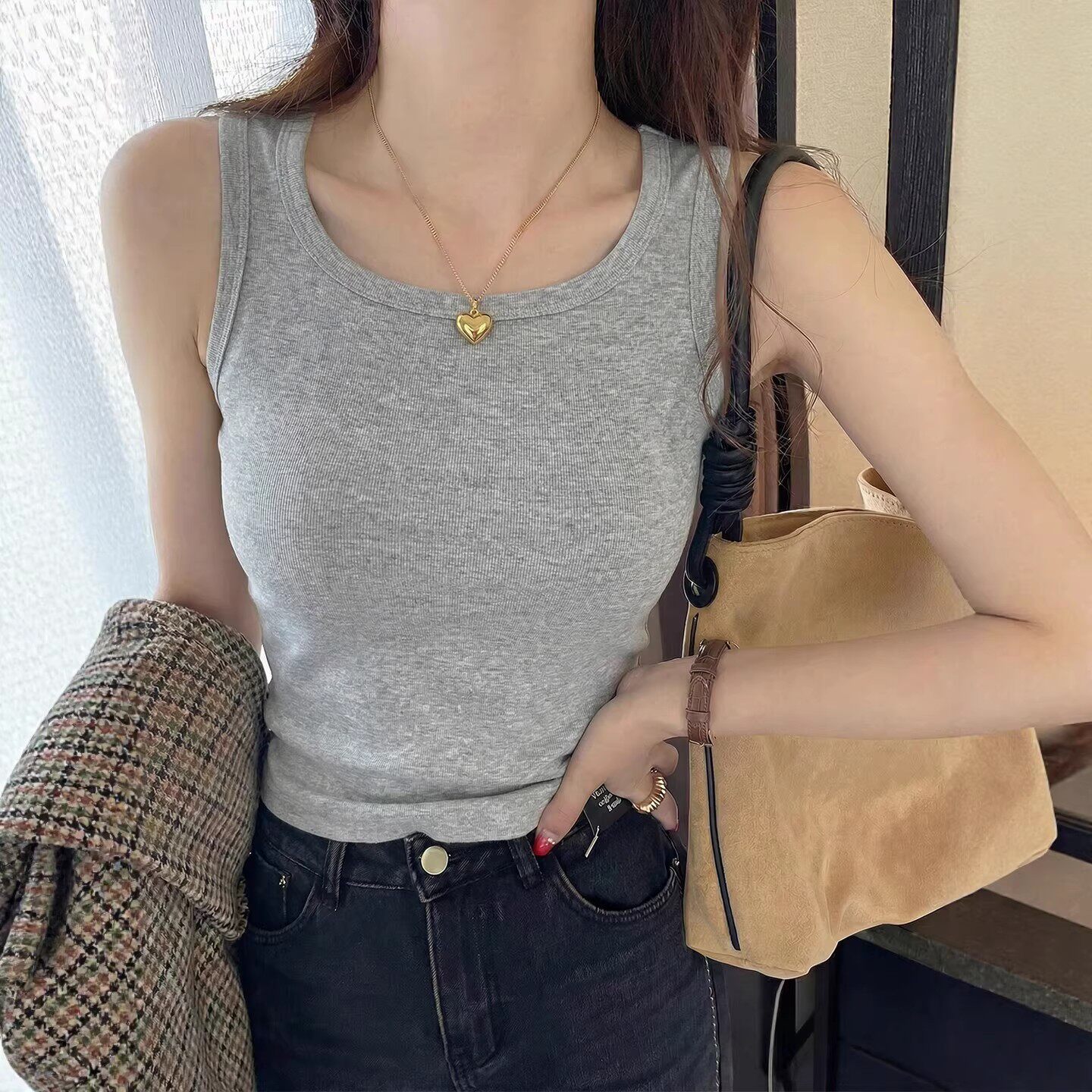 灰色吊带背心女内搭夏季美式工字大码胖mm遮肚子外穿无袖打底上衣