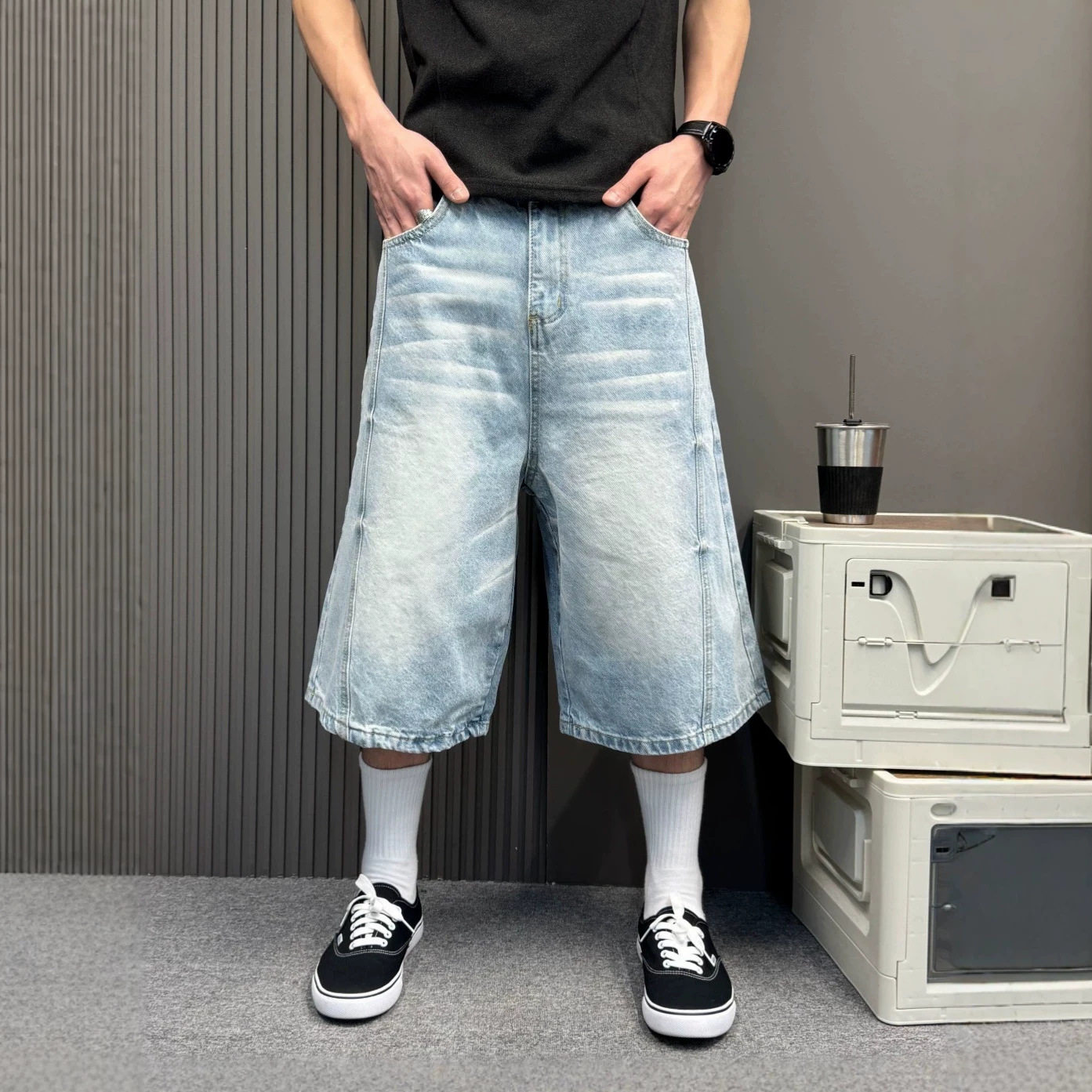 夏季浅蓝牛仔七分裤男宽松阔腿中裤 水洗做旧显瘦直筒休闲短裤