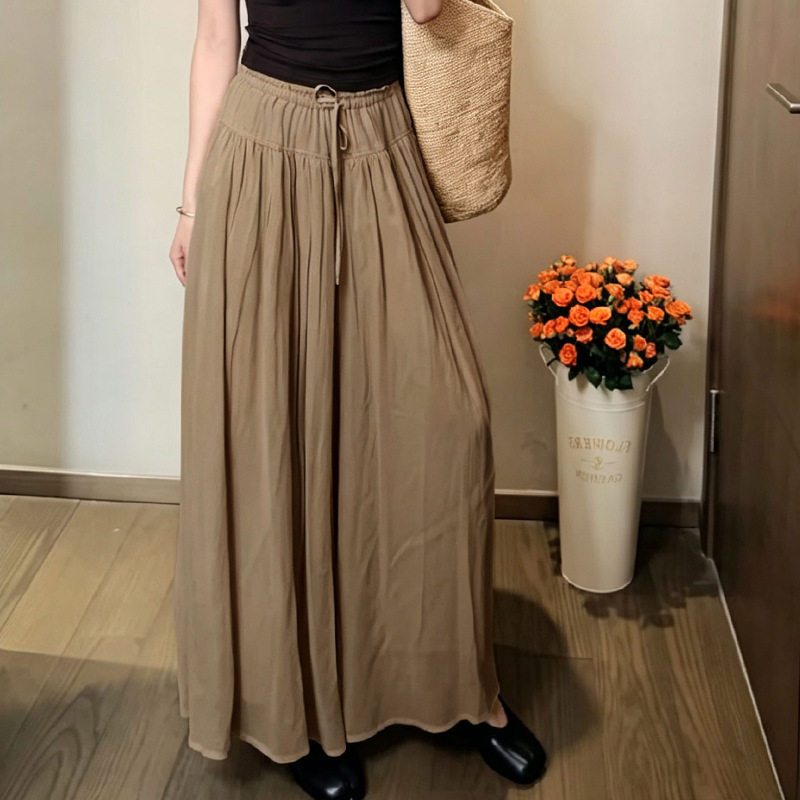 咖色花边腰阔腿裤裙女夏季2026新款高腰显瘦直筒宽松休闲褶皱裙裤