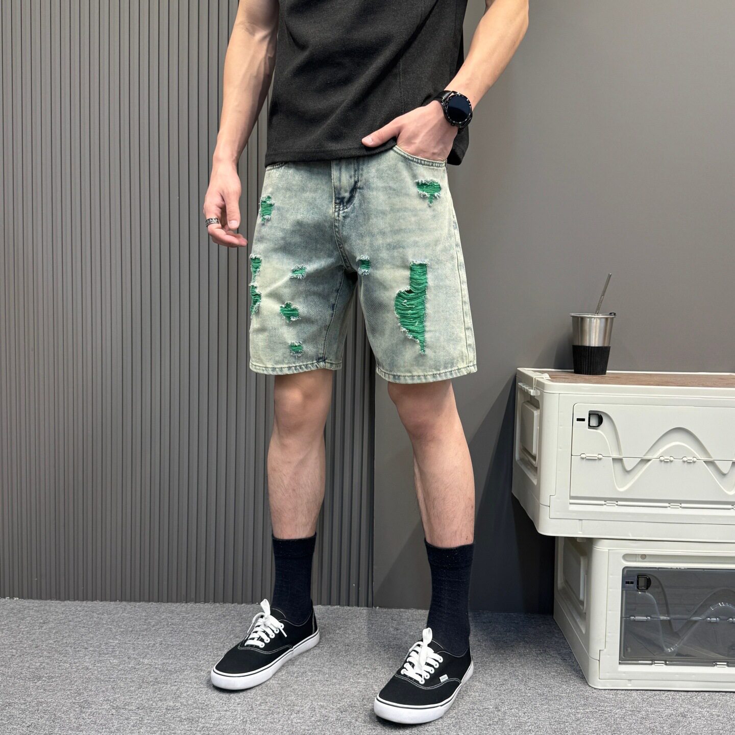 高街做旧破洞牛仔短裤男潮牌夏季新款痞帅个性宽松百搭五分中裤子