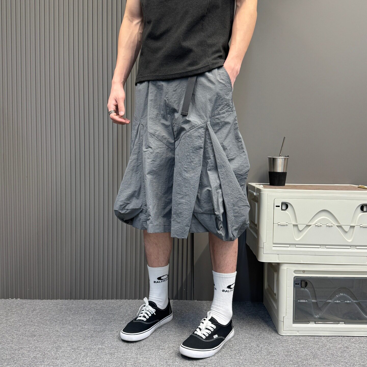 日系赛车机能户外工装褶皱七分裤男女夏季街头宽松多口袋休闲短裤