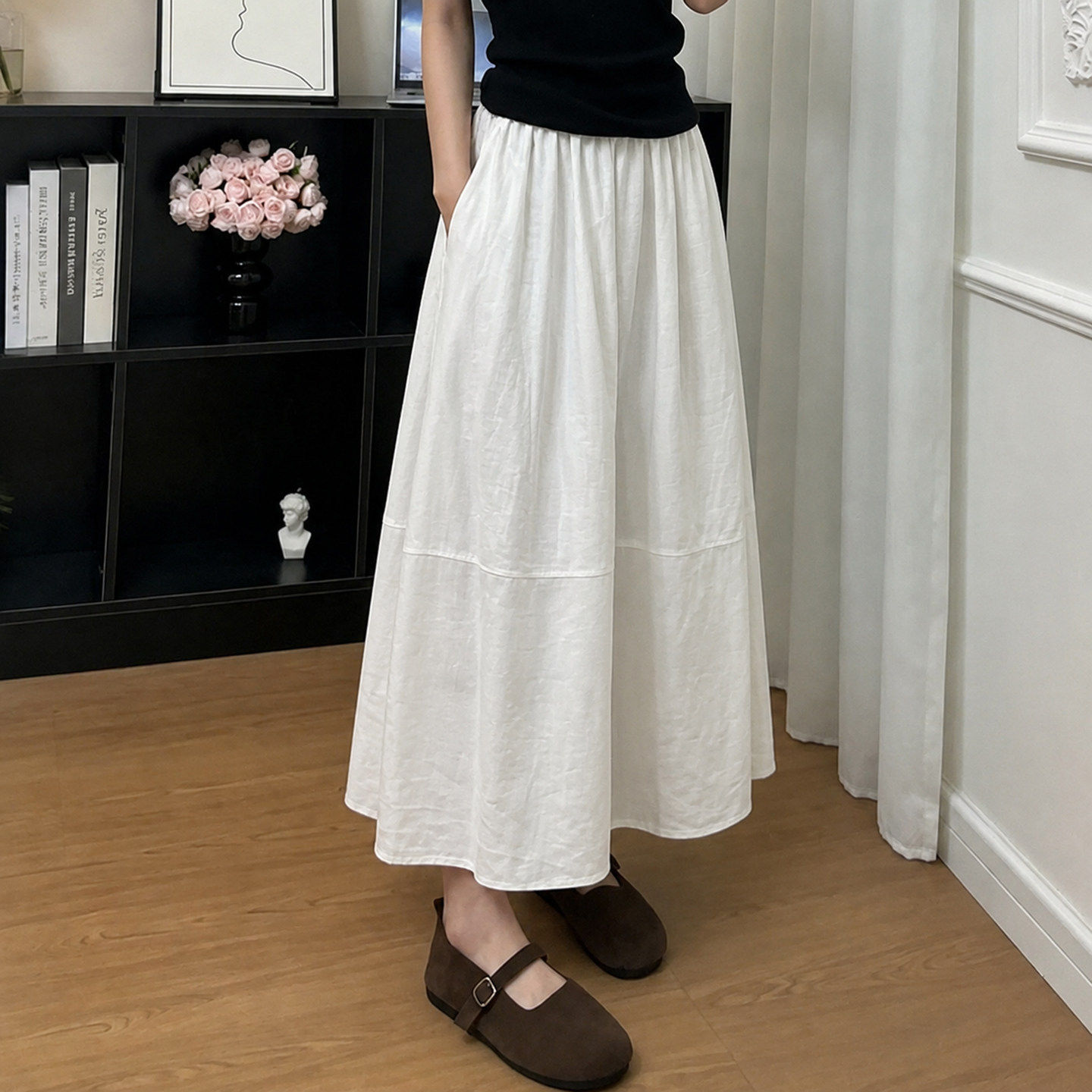 白色亚麻工装裙女2026夏季新款大码胖mm中长款蓬蓬a字棉麻半身裙
