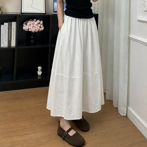 白色亚麻工装裙女2026夏季新款大码胖mm中长款蓬蓬a字棉麻半身裙