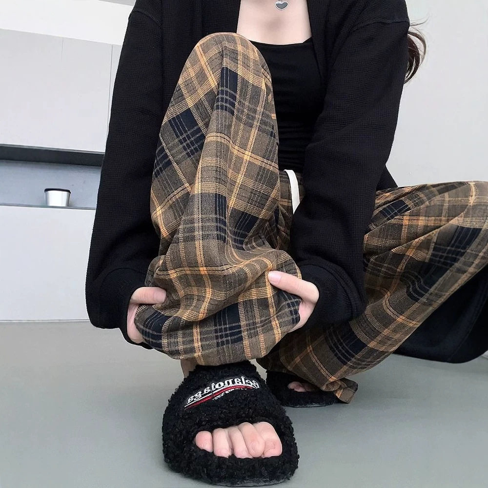 黄色格子裤女春秋2025新款小个子高腰垂感直筒休闲慵懒风阔腿裤子