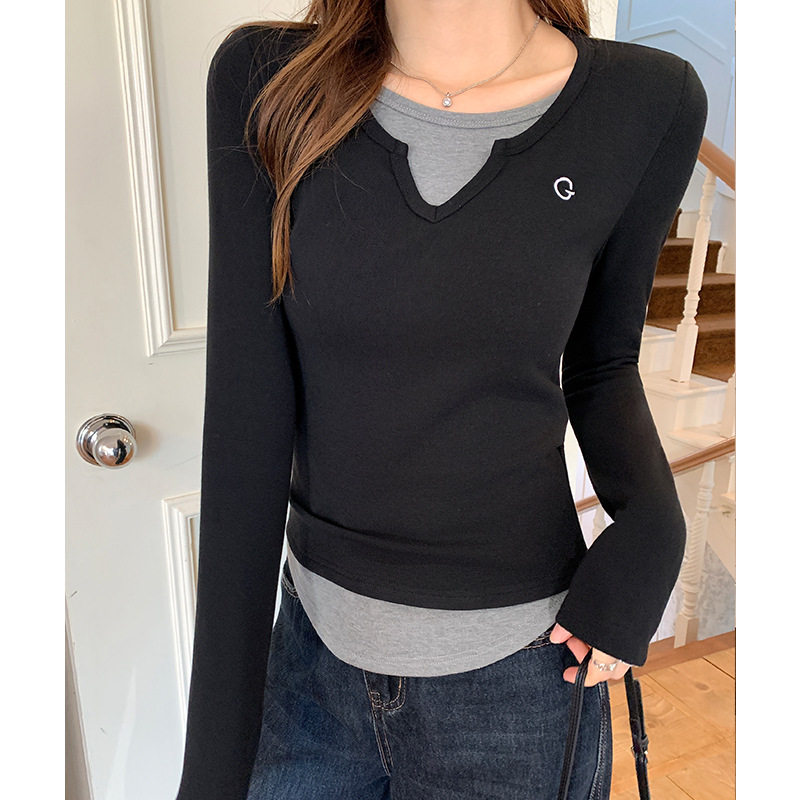 内搭假两件长袖T恤女2026春季新款高级感修身可外穿打底上衣小衫