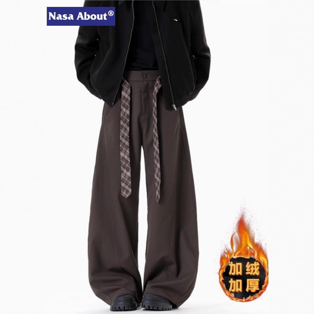 NASA美式高街腰带弯刀西裤冬季加绒加厚宽松显瘦裤男士休闲微喇裤
