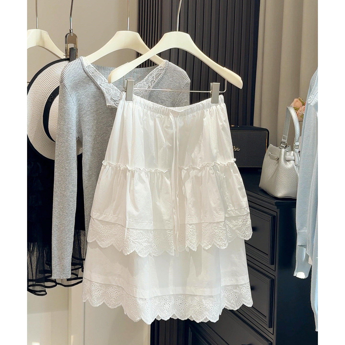 双层蕾丝花边白色蛋糕裙女春夏出游穿搭小个子A字松紧腰半身中裙