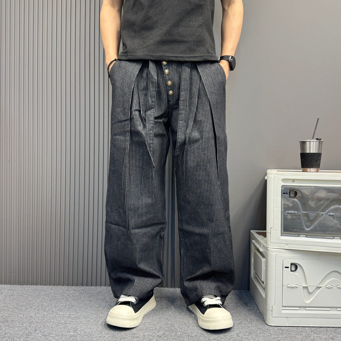 复古老钱风系带条纹休闲西裤男女款 阔腿A字版型直筒休闲裤子潮牌