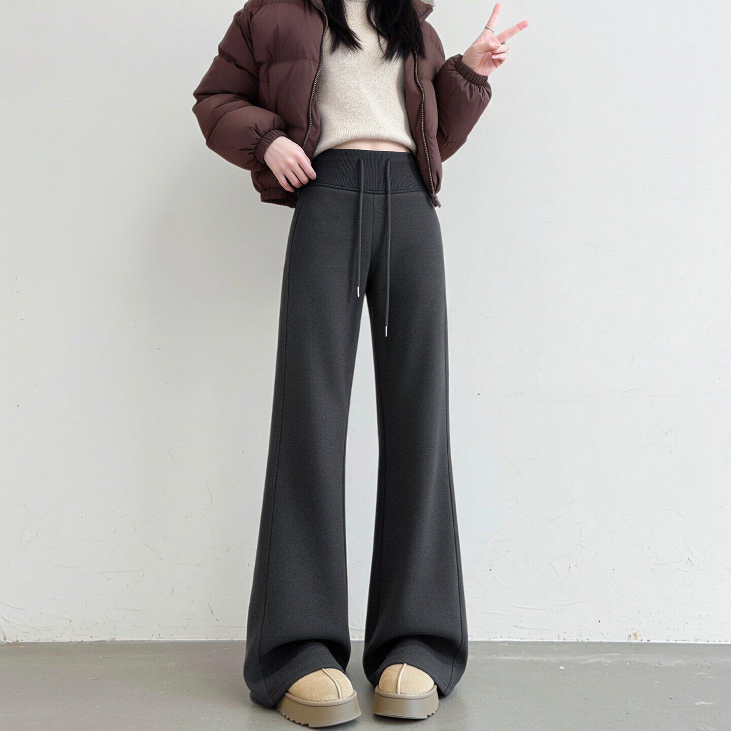 灰色微喇裤子女2026新款秋冬加绒垂感休闲运动小个子瑜伽喇叭卫裤