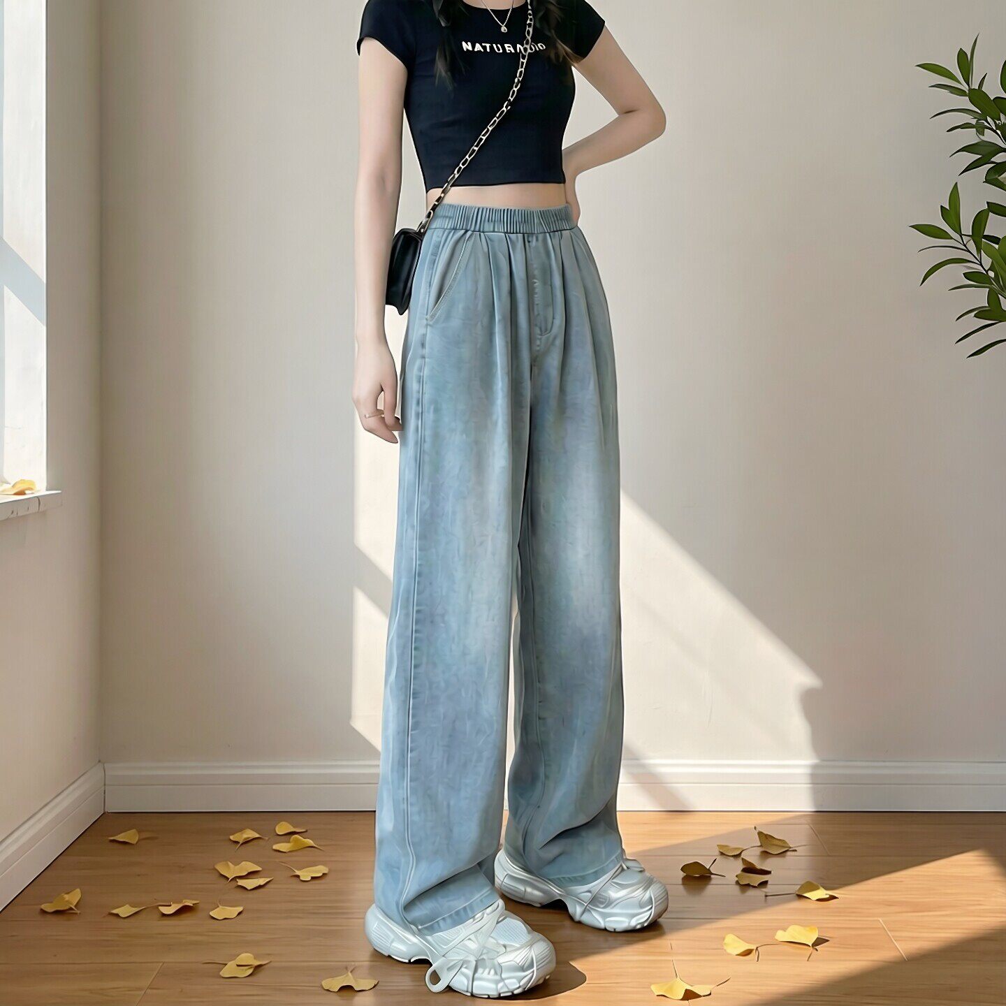 天丝牛仔裤女2026夏季薄款高腰阔腿宽松窄版小个子松紧腰冰丝直筒