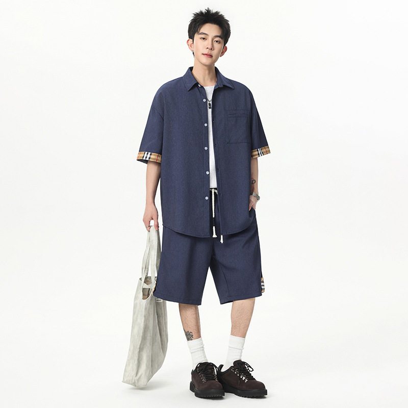 短袖衬衫套装男夏季薄款透气百搭衬衣搭配休闲短裤男士夏天两件套