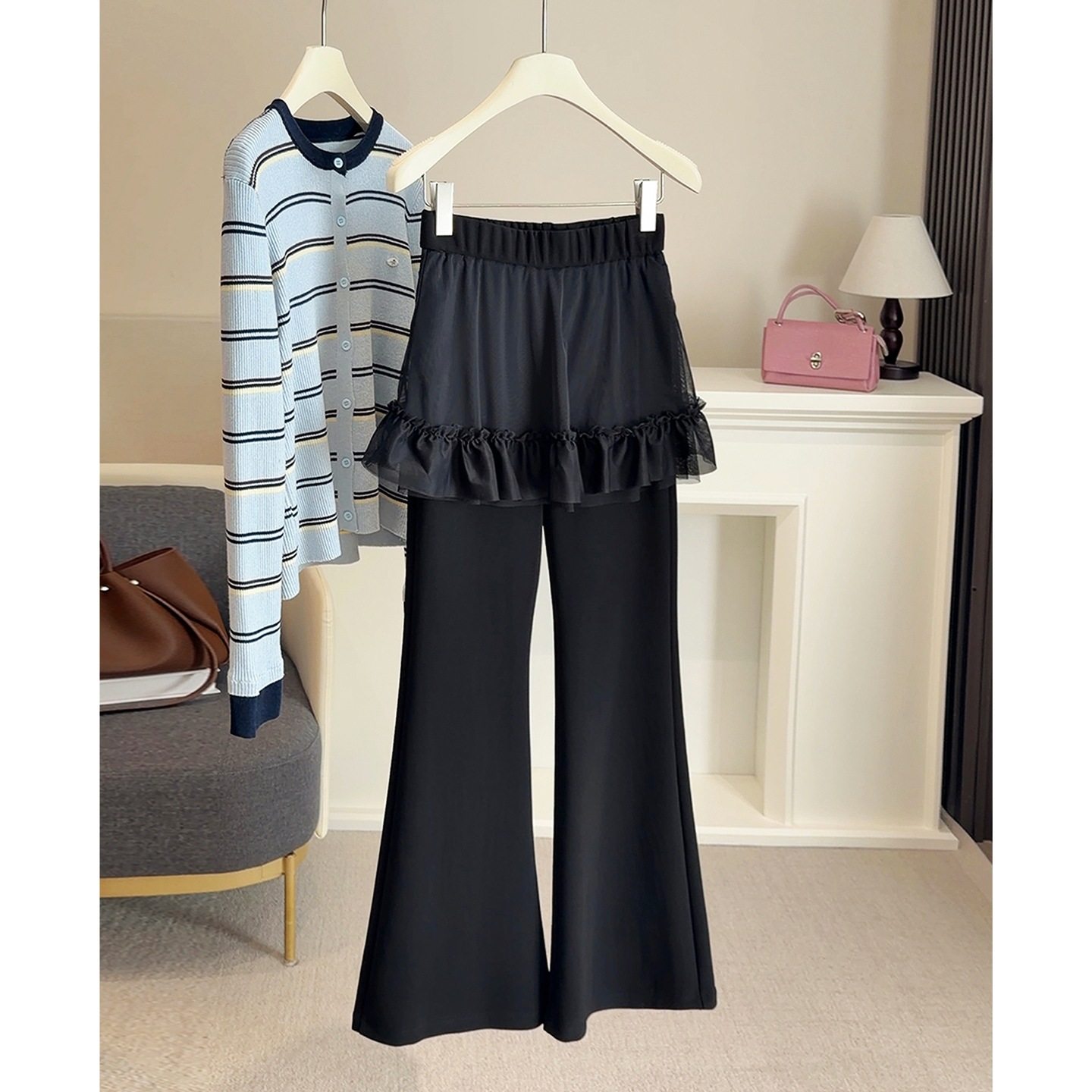 假两件网纱屁帘拼接微喇西装裤女春季新款弹力百搭高腰显瘦休闲裤