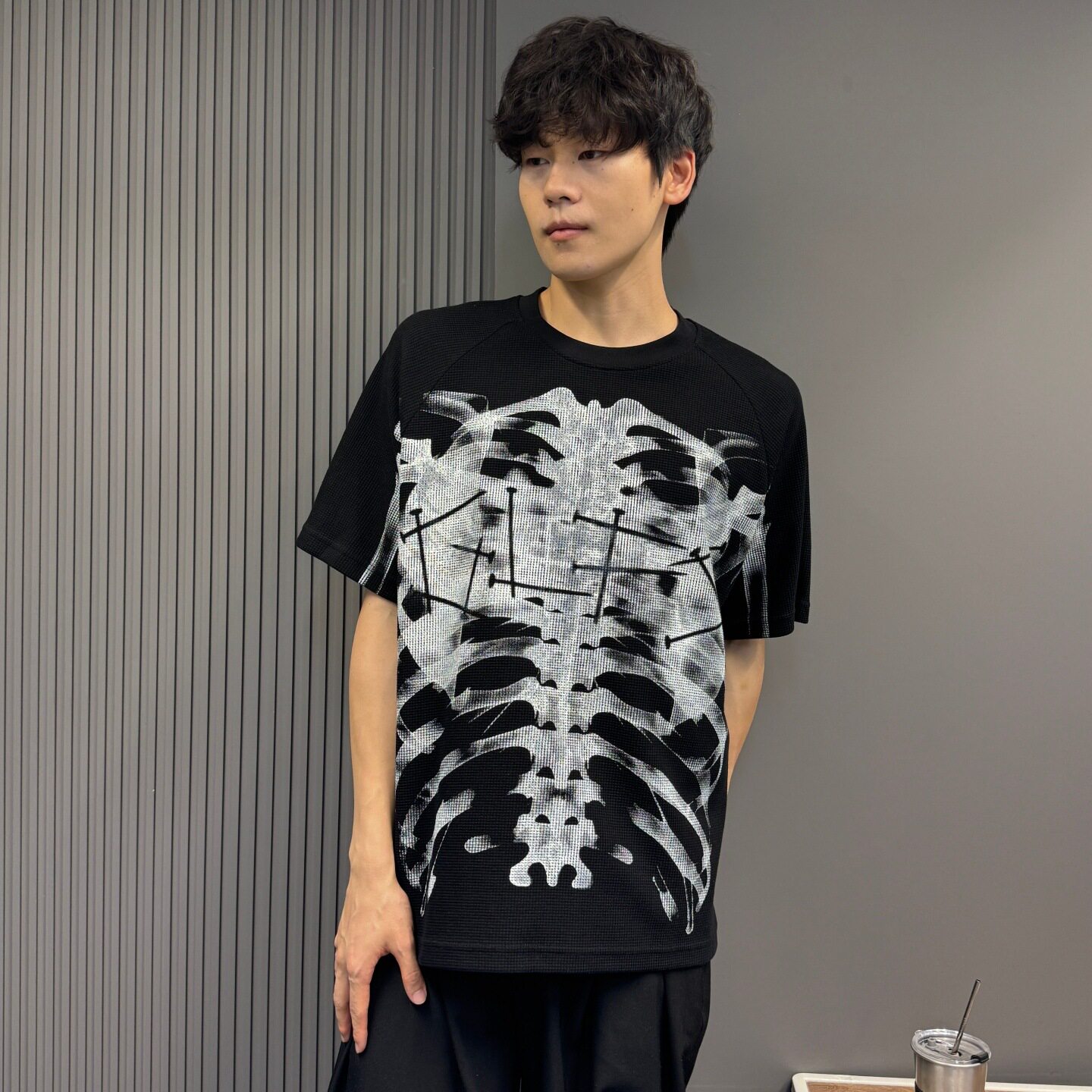 小众设计暗黑风哥特骷髅骨架印花短袖T恤男女宽松华夫格高街潮牌