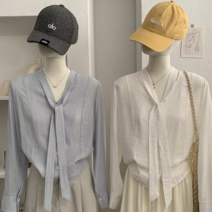 欧玛莱 飘带领纯色单排扣长袖衬衫2026春季韩版百搭时尚上衣 6440