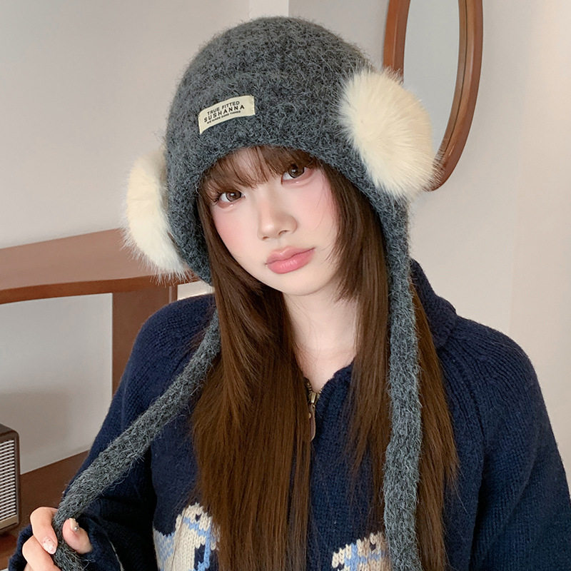 韩系毛球蝴蝶结针织护耳帽子女款冬季加厚保暖显脸小毛线帽雷锋帽