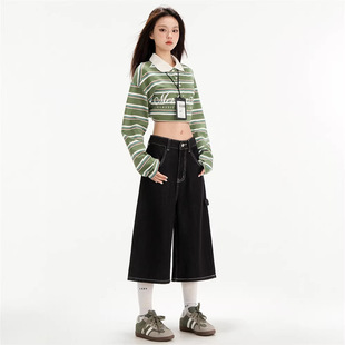 黑色高腰阔腿牛仔短裤女2026夏季新款宽松显瘦小个子七分五分中裤