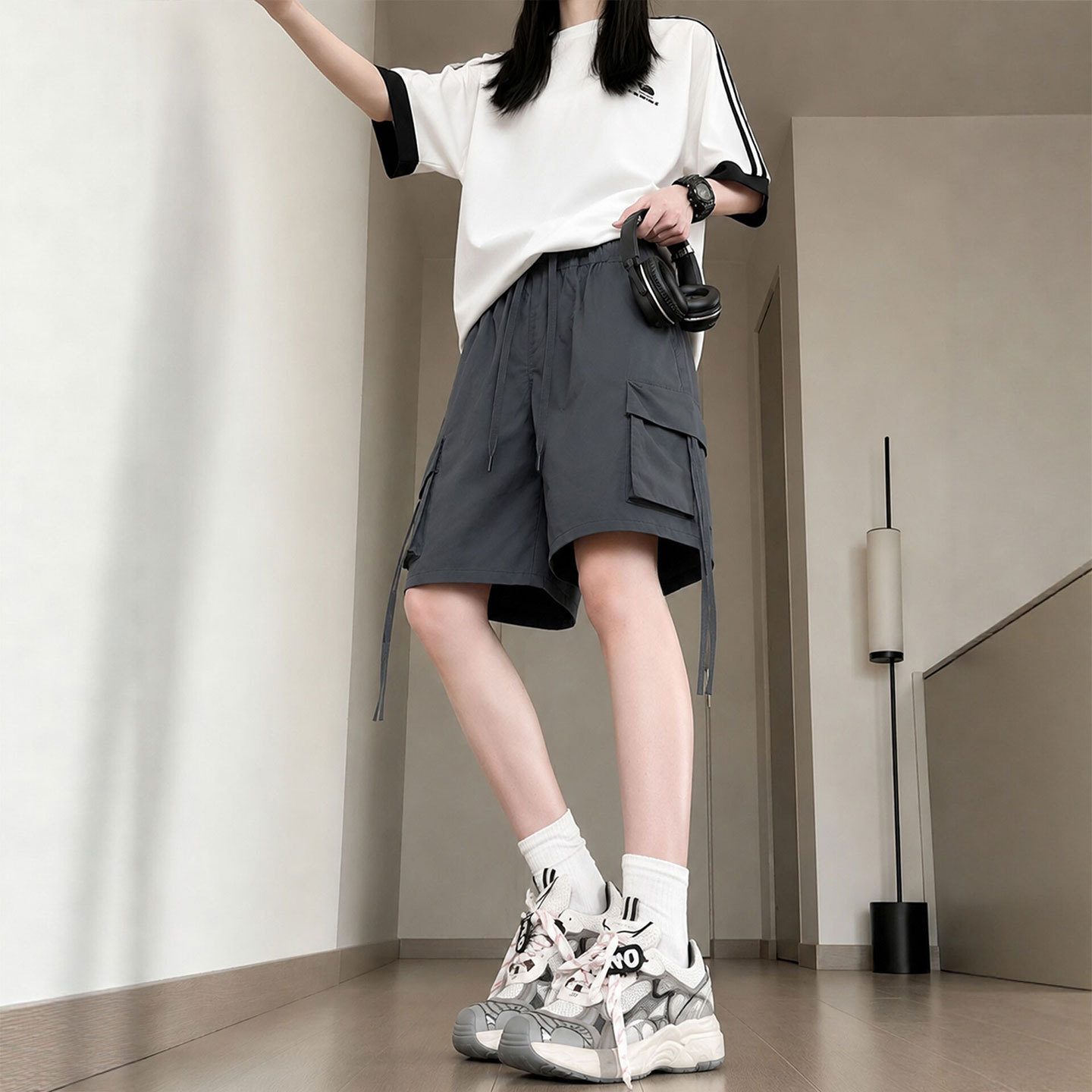 灰色速干工装短裤女夏2026新款胖mm大码运动直筒冰丝休闲五分裤子