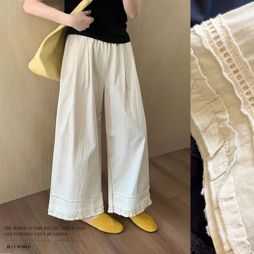 2025夏季阔腿九分裤女新款宽松韩系蕾丝花边勾花洗水棉休闲裤子