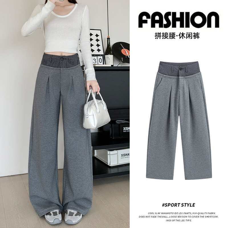 美式复古拼接腰格子阔腿裤女春季新款垂感低腰直筒裤休闲运动卫裤
