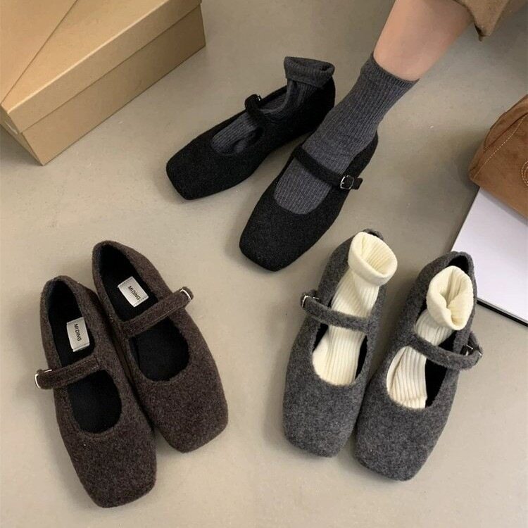 韩版方头薄绒浅口外穿秋冬季毛呢时尚棉鞋玛丽珍女鞋百搭爆款黑色