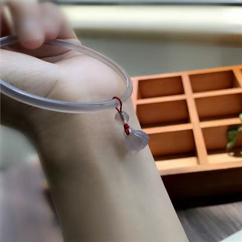 复古礼物冰种烟灰玉髓手镯极细莲蓬吊坠镯女细玉镯叮当镯原创手镯