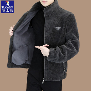 啄木鸟秋冬季羊羔绒外套男士新款双面加绒加厚抓绒衣毛呢男款外套
