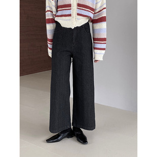 显瘦显腿直弹性直筒休闲裤 新款 子 女2025秋冬季 复古黑色九分牛仔裤