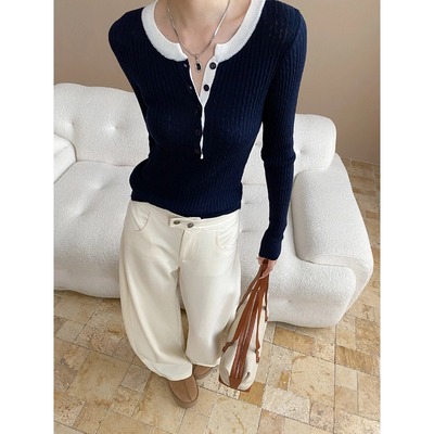 时髦感纽扣麻花针织衫毛衣