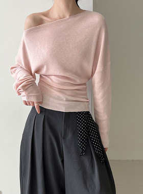 设计感收腰针织长袖露肩上衣女2025秋季新款修身显瘦百搭打底T恤