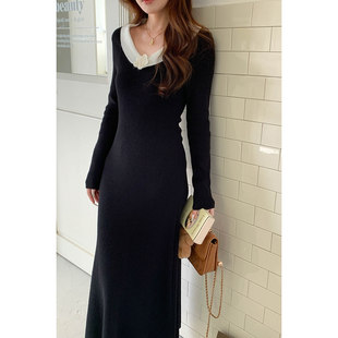 打底A字长裙子 韩系气质修身 法式 小香风山茶花针织连衣裙秋冬新款