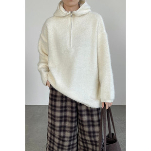 圈圈羊毛连帽半拉链宽松针织衫 慵懒风加厚毛衣 上衣女2025秋冬新款