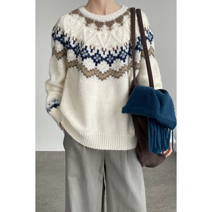 慵懒风软糯套头针织上衣 新款 圆领复古费尔岛提花毛衣女款 2026春季