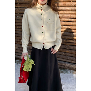 上衣 小个子软糯宽松纯色针织衫 韩系半高领刺绣毛衣开衫 女秋冬新款