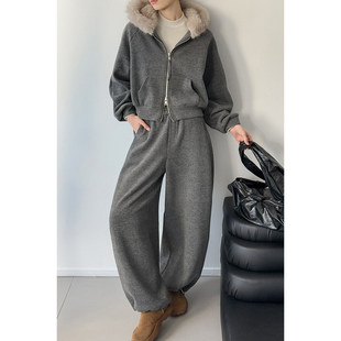 两件套 毛领连帽双拉链卫衣直筒裤 加绒加厚运动套装 女2025秋冬新款