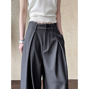 裤 女早秋高腰显瘦宽松垂感直筒阔腿西装 子 蕾丝拼接长裤 明星同款