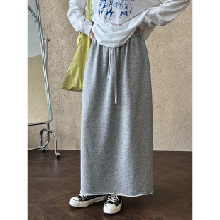 休闲慵懒感半身裙长裙女春秋新款 精致宽松显瘦松紧腰A字卷边裙子