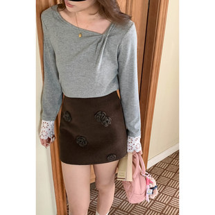 口打底衫 法式 女款 新款 设计感假两件T恤 2026春季 不规则斜领蕾丝袖