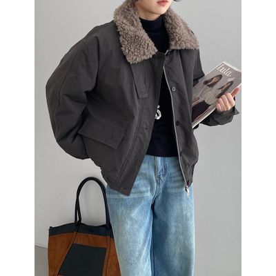 秋冬复古加厚羊羔毛领派克羽绒服