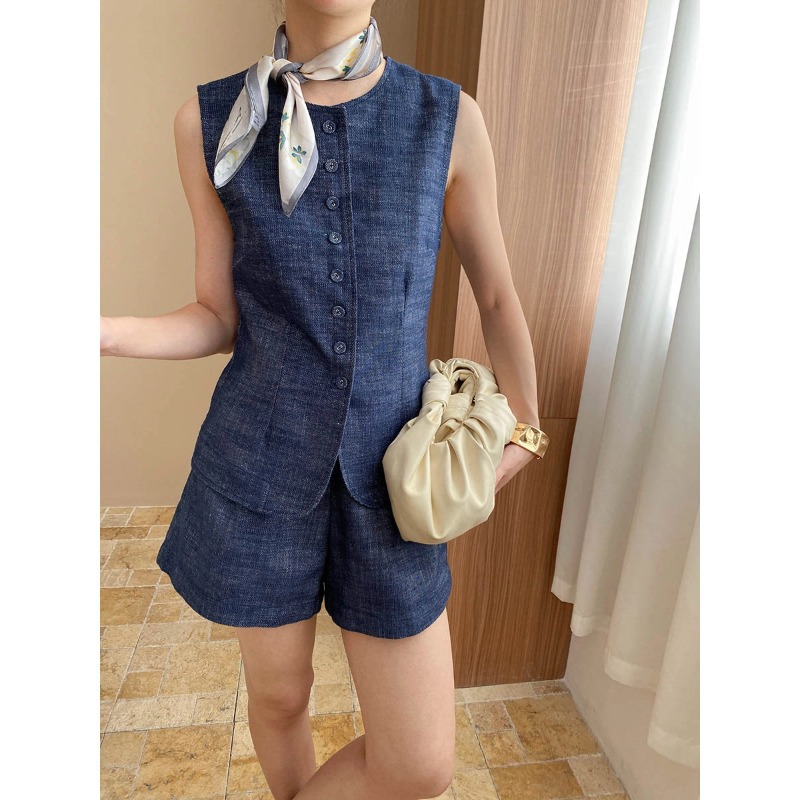 长/短可选夏季打底衫短裤女亚麻混纺老钱风无袖马甲阔腿裤2件套装