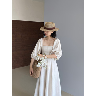 茶山 法式 露 方领高腰显瘦大摆裙子 宫廷风灯笼袖 连衣裙女夏季