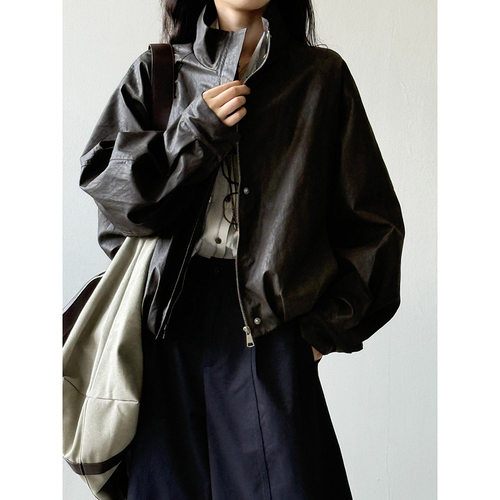 复古立领夹克皮衣女秋季新款